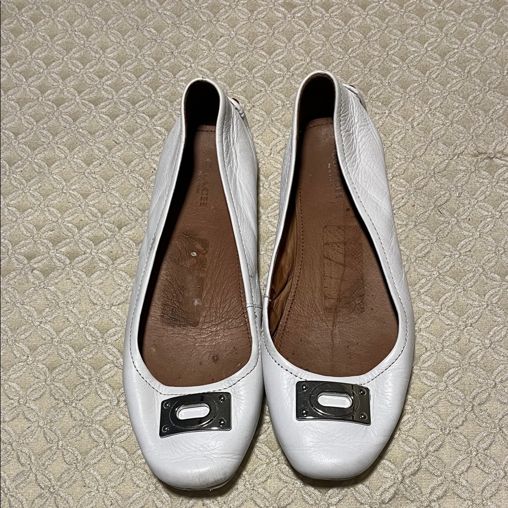 Coach White Leather Flats with Silver Accents